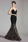 New V-Cut Gradient Black-Gold Shiny Party Evening Dress