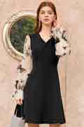 Women Long Lace Sleeves Chic Black Dress