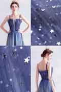 Blue Spaghetti Straps Shiny Tulle Evening Prom Dress