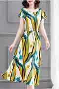New Women Shiny Blue&Yellow Chiffon Summer Party Maxi Silk Dress