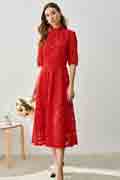 Red High Neck Half Sleeves Tea Length Daydress / Partydress