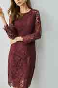 Burgundy Round Neckline Long Sleeves Lace Partydress / Daywear