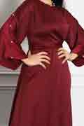 New Women Plain Round Neck Long Sleeves Satin Maxi Evening Dresses