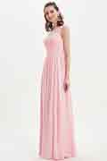 Pink Illusion Lace Neckline Long Elegant Bridesmaid Dresss
