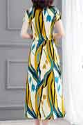 New Women Shiny Blue&Yellow Chiffon Summer Party Maxi Silk Dress