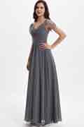 Grey Shiny Beads Cap Sleeves V-Cut Bridesmaid Dress