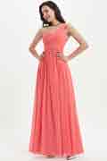 Eine Schulter Koralle Langes Brautjungfernkleid