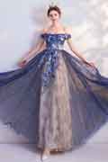 Blue Sexy OFF Shoulder Embroidery Tulle Party Evening Gown