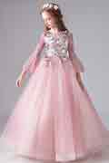 Pink Lace Tulle Trumpet Sleeves Flowergir Dress