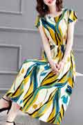New Women Shiny Blue&Yellow Chiffon Summer Party Maxi Silk Dress