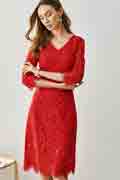 Red V-Cut Sleeves Elegant Lace short Partydress / Daydress