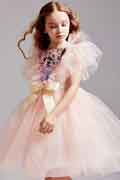 Bowknot Applique Waist Glitter Tulle Flower Girl Ball Gown