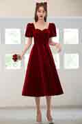 Velvet Vintage Wine Red Engagement Party Dress