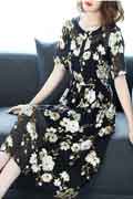 Women Black White Floral Printed Party Summer Holiday Silk Dress
