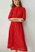 Red High Neck Half Sleeves Tea Length Daydress / Partydress