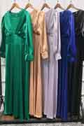 New Women Summer Plain Glossy Satin Long Sleeve Ruffled Button Dress