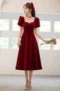 Velvet Vintage Wine Red Engagement Party Dress