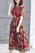 New Burgundy Floral Printed Short Sleeves Party Maxi Dress