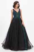 Robe de Soirée Vert Brillant & Tulle Noir à V Col