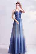 Blue Spaghetti Straps Shiny Tulle Evening Prom Dress