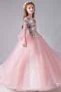 Pink Lace Tulle Trumpet Sleeves Flowergir Dress