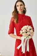 Red High Neck Half Sleeves Tea Length Daydress / Partydress