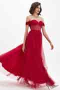 Red OFF Shoulder Polyester Boned Sheer Shiny Tulle Dress