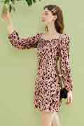 New Long Sleeves Leopard Mini Dress Summer Chiffon Dress