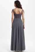 Grey Shiny Beads Cap Sleeves V-Cut Bridesmaid Dress