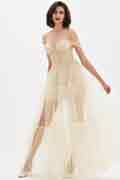 Beige OFF Shoulder Lace Tulle Long Evening Party Dress