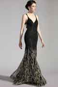 New V-Cut Gradient Black-Gold Shiny Party Evening Dress