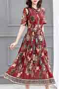 New Burgundy Floral Printed Short Sleeves Party Maxi Dress