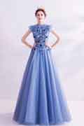 New Blue High Neck Embroidery Party Evening Dress