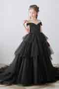 New Black Off Shoulder Lace Applique Cake Flower Girl Dress