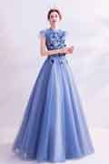 New Blue High Neck Embroidery Party Evening Dress