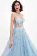 Robe de Soirée Bustier En Tulle Bleu Brillant