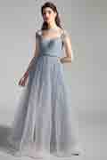 Grey OFF Shoulder Pleated Shiny Party Evening Dress