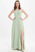 Green Halter Lace Decoration High Slit Bridesmaid Dress