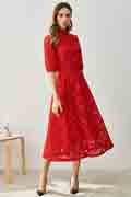 Red High Neck Half Sleeves Tea Length Daydress / Partydress
