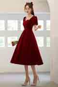 Velvet Vintage Wine Red Engagement Party Dress