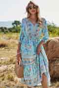 Women 3/4 Sleeves Holiday Dress Floral Print V Neck Summer Mixi Dress