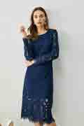 Blue Round Neckline Long Sleeves Lace Appliques Day/ Party Dress