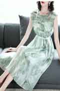 Light Green Floral Printed Party Holiday Dress
