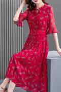 New Red Floral Print Mid Sleeves Summer Holiday Chiffon Dress