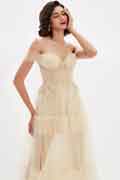 Beige OFF Shoulder Lace Tulle Long Evening Party Dress