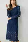 Blue Round Neckline Long Sleeves Lace Appliques Day/ Party Dress