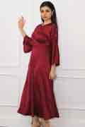 New Women Plain Round Neck Long Sleeves Satin Maxi Evening Dresses