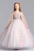 Pink V-Cut Open Sleeves Tulle Flowergirl Dress