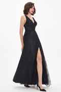 V-Schnit Schwarze Spitze Schlitz Ball Partykleid