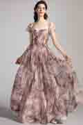New Printed Fabric Cap Sleeves Party Evening Dress